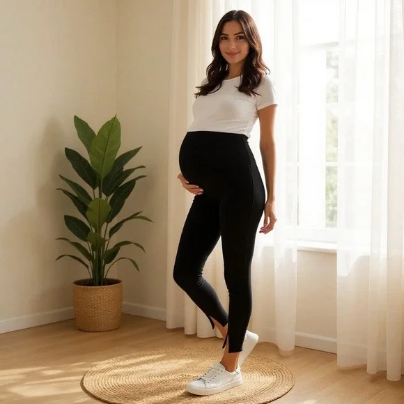 Maternal America Ladies Cropped Princess Seam Belly Support Maternity Leggings M - Picture 1 of 9